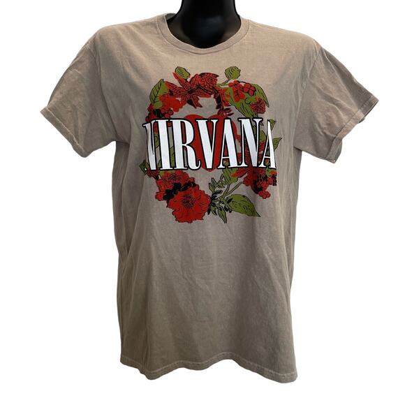 Nirvana Tan Floral Distressed T-Shirt - Medium - Picture 1 of 4